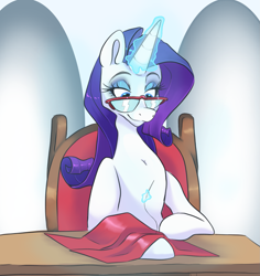 Size: 1441x1524 | Tagged: safe, artist:smirk, rarity, pony, unicorn, g4, chair, eyeshadow, female, glasses, glowing, glowing horn, horn, magic, makeup, mare, needle, rarity's glasses, sewing, smiling, solo, table