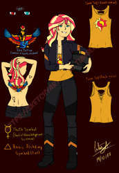 Size: 880x1280 | Tagged: safe, color edit, edit, sunset shimmer, human, undead, vampire, equestria girls, g4, clothes, colored, eye clipping through hair, eyebrows, eyebrows visible through hair, helmet, simple background, smiling, solo, tank top, tattoo, teeth, vampire shimmer