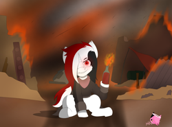 Size: 4096x3024 | Tagged: safe, artist:mairiathus, oc, oc only, oc:red rocket, pony, unicorn, fallout equestria, fanfic:the tragic tale of red rocket, commission, fire, horn, molotov cocktail, red eyes, red hair, ruins, white hair