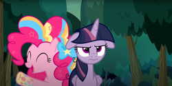 Size: 2676x1333 | Tagged: safe, screencap, mean twilight sparkle, pinkie pie, alicorn, earth pony, pony, g4, the mean 6, ^^, duo, duo female, eyes closed, female, floppy ears, mare, rainbow power, twilight sparkle (alicorn)
