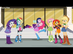 Size: 2048x1536 | Tagged: safe, artist:batman714, applejack, fluttershy, pinkie pie, rainbow dash, rarity, spike, sunset shimmer, twilight sparkle, dog, human, equestria girls, g4, my little pony equestria girls: rainbow rocks, boots, clothes, cowboy boots, shoes, socks, spike the dog