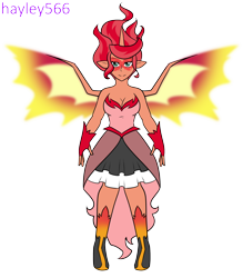 Size: 2288x2616 | Tagged: safe, artist:hayley566, sunset shimmer, human, equestria girls, g4, alicorn humanization, alternate hairstyle, boots, clothes, commission, daydream shimmer, dress, elf ears, female, fingerless gloves, fusion, gloves, high res, horned humanization, humanized, shoes, simple background, skirt, solo, sunset satan, transparent background, winged humanization