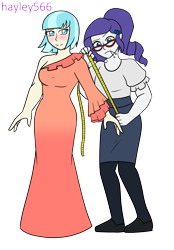 Size: 1865x2679 | Tagged: safe, artist:hayley566, coco pommel, rarity, human, equestria girls, g4, alternate hairstyle, blushing, clothes, commission, dress, duo, duo female, equestria girls-ified, female, flats, glasses, glasses rarity, lesbian, measuring, measuring tape, mouth hold, ponytail, sewing needle, ship:marshmallow coco, shipping, shirt, shoes, simple background, skirt, stockings, thigh highs, transparent background