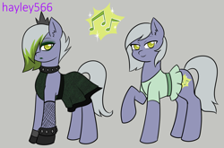 Size: 2391x1575 | Tagged: safe, artist:hayley566, limestone pie, earth pony, pony, series:redemptiverse, g4, alternate cutie mark, alternate hairstyle, alternate universe, choker, clothes, crown, dress, dyed mane, female, fishnet stockings, gloves, gray background, hair over one eye, jewelry, lidded eyes, lipstick, mare, raised hoof, regalia, shirt, simple background, skirt, solo, spiked choker, spiked wristband, wristband