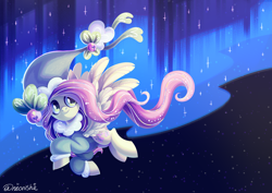 Size: 3536x2500 | Tagged: safe, artist:neonishe, fluttershy, pegasus, pony, g4, clothes, coat, commission, cute, female, flying, hat, high res, looking up, mare, postcard, shyabetes, signature, sky, smiling, solo, spread wings, wing fluff, wings, winter