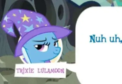 Size: 444x306 | Tagged: safe, gameloft, trixie, pony, unicorn, g4, cropped, dialogue, female, meme, nuh uh, reaction image, smiling, smug, solo, speech bubble, text, wow! glimmer