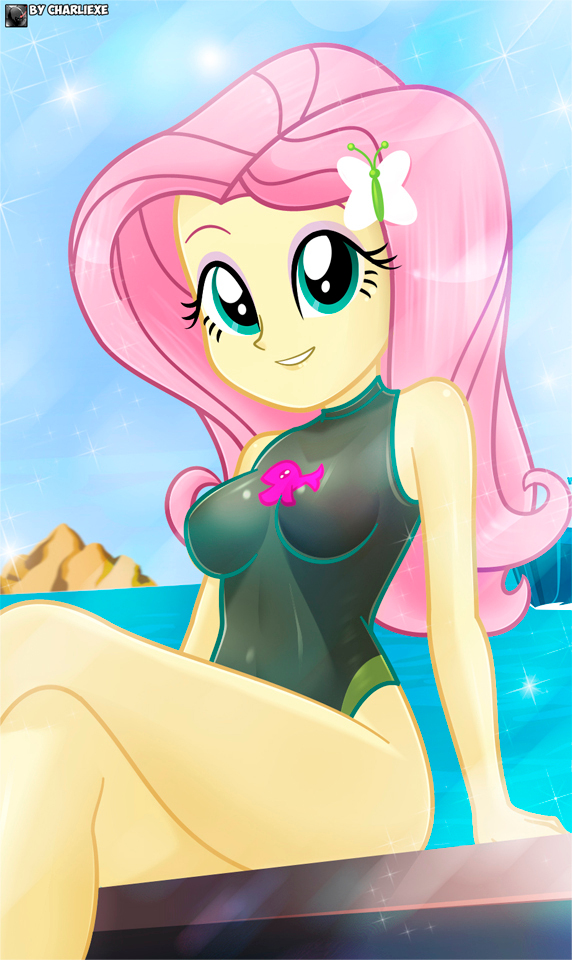 [breasts,clothes,cloud,cute,equestria girls,eyeshadow,female,fluttershy,g4,grin,makeup,rock,safe,sexy,sky,solo,swimsuit,water,wetsuit,shyabetes,one-piece swimsuit,high-cut clothing,adorasexy,smiling,artist:charliexe,busty fluttershy,fluttershy's one-piece swimsuit]