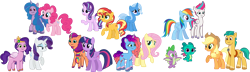 Size: 3999x1155 | Tagged: safe, artist:tylerajohnson352, applejack, fluttershy, hitch trailblazer, izzy moonbow, misty brightdawn, pinkie pie, pipp petals, rainbow dash, rarity, sparky sparkeroni, spike, starlight glimmer, sunny starscout, sunset shimmer, trixie, twilight sparkle, zipp storm, alicorn, dragon, earth pony, pegasus, pony, unicorn, g4, g5, crossover, female, high res, hitch and his heroine, izzy and her heroine, male, mane five, mane seven, mane seven (g5), mane six, mane six (g5), mane stripe sunny, mare, misty and her heroine, pipp and her heroine, rebirth misty, simple background, sparky and his hero, stallion, sunny and her heroine, transparent background, twilight sparkle (alicorn), zipp and her heroine