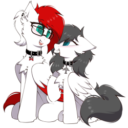 Size: 1280x1280 | Tagged: safe, artist:rieyadraws, oc, oc only, oc:aerobeat, oc:jet blast, pegasus, pony, 2024 community collab, derpibooru community collaboration, blushing, chest fluff, collar, duo, glasses, looking at each other, looking at someone, simple background, transparent background, wings