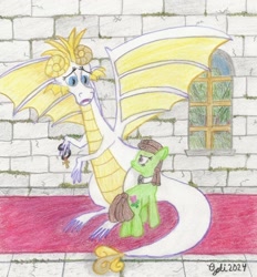 Size: 1022x1100 | Tagged: safe, artist:opti, oc, oc:broadside barb, oc:guiding light, dragon, earth pony, castle, dragonified, female, jewelry, looking at each other, looking at someone, ruins, species swap, traditional art