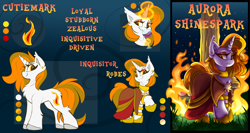 Size: 3000x1600 | Tagged: safe, artist:starcasteclipse, oc, oc only, oc:aurora shinespark, pony, unicorn, alcohol, chest fluff, clothes, commission, cutie mark, ear fluff, ear piercing, earring, eyeshadow, female, fire, glass, grass, horn, jewelry, leg fluff, leg rings, looking at you, magic, makeup, mare, piercing, raised hoof, reference sheet, robe, shoes, signature, smiling, smirk, solar empire, telekinesis, text, unicorn oc, wine, wine glass