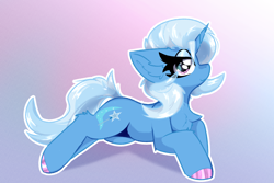 Size: 3000x2000 | Tagged: safe, artist:jubyskylines, trixie, pony, unicorn, g4, chest fluff, colored hooves, ear fluff, eye clipping through hair, female, gradient background, high res, lying down, mare, nail polish, smiling, solo