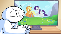 Size: 1366x768 | Tagged: safe, artist:theodd1sout, edit, edited screencap, screencap, applejack, rarity, earth pony, human, pony, unicorn, g4, animated at source, animation before computers (theodd1sout), duo, episode reference, eyebrows, fist, james (theodd1sout), looking at each other, looking at someone, pony cameo, raised eyebrow, reference, video at source, youtube, youtube link