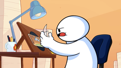 Size: 1366x768 | Tagged: safe, artist:theodd1sout, rarity, human, pony, unicorn, g4, animated at source, animation before computers (theodd1sout), barely pony related, desk, james (theodd1sout), lamp, mug, pony cameo, solo, video at source, youtube, youtube link