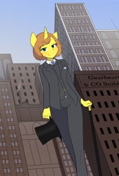 Size: 868x1280 | Tagged: safe, artist:furrgroup, oc, oc only, oc:copper gearheart cog, unicorn, anthro, cane, city, clothes, female, hat, looking at you, short hair, solo, suit, top hat