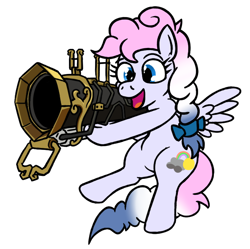 Size: 776x774 | Tagged: safe, artist:jargon scott, oc, oc:heavy weather, pegasus, bow, deep rock galactic, grenade launcher, hair bow, happy, pegasus oc, simple background, this will end in death, weapon, white background