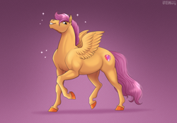 Size: 2292x1607 | Tagged: safe, alternate version, artist:jenery, scootaloo, pegasus, pony, g4, female, gradient background, grin, hoers, mare, older, older scootaloo, pink background, scootaloo can't fly, signature, small wings, smiling, solo, sparkles, wings