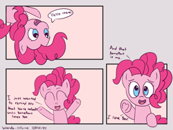 Size: 1600x1200 | Tagged: safe, artist:wanda, pinkie pie, earth pony, pony, g4, comic, eyes closed, fourth wall, looking at you, open mouth, open smile, out of frame, positive ponies, smiling, smiling at you, speech bubble, text, underhoof