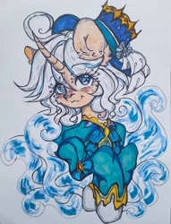 Size: 3002x3922 | Tagged: safe, artist:starkey, pony, unicorn, clothes, ear fluff, female, furina (genshin impact), genshin impact, hat, high res, mare, ponified, short hair, smiling, smirk, traditional art, wave