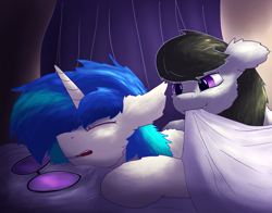 Size: 2800x2200 | Tagged: safe, artist:gosha305, dj pon-3, octavia melody, vinyl scratch, earth pony, pony, unicorn, g4, bed, bedroom, blanket, cheek fluff, chest fluff, curtains, cute, duo, ear fluff, female, floppy ears, fluffy, high res, horn, lesbian, looking at someone, lying down, mare, mouth hold, narrowed eyes, night, open mouth, profile, prone, ship:scratchtavia, shipping, sleeping, smiling, tavibetes, tucking in, vinylbetes