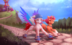 Size: 4370x2723 | Tagged: safe, alternate version, artist:itssim, sunny starscout, zipp storm, earth pony, pegasus, pony, g5, adorable distress, beautiful, cliff, cloud, colored, colored wings, commission, commissioner:princess, concave belly, crystal brighthouse, cute, day, depth of field, duo, duo female, dutch angle, eyelashes, female, fence, floppy ears, grass, gritted teeth, helmet, high res, hooves, lighting, mane stripe sunny, mare, maretime bay, motion blur, multicolored wings, nervous, open mouth, outdoors, road, roller skates, rollerblades, running, satchel, scared, scenery, scenery porn, shading, skates, sky, slender, spread wings, story included, sweat, teaching, teeth, thin, tree, twilight sparkle's cutie mark, unshorn fetlocks, wall of tags, water, wings
