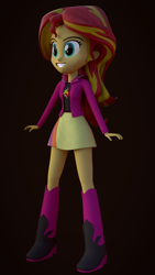 Size: 1080x1920 | Tagged: safe, artist:palmman529, sunset shimmer, human, equestria girls, g4, 3d, blender, boots, clothes, female, good counterpart, high heel boots, jacket, palette swap, recolor, shirt, shoes, skirt, solo