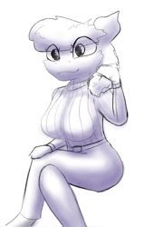 Size: 1297x1924 | Tagged: safe, artist:ismyaltaccount, octavia melody, earth pony, anthro, g4, big breasts, breasts, clothes, female, looking at you, simple background, sitting, sketch, solo, sweater, white background, wip