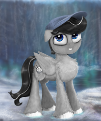 Size: 2150x2586 | Tagged: safe, artist:chopsticks, oc, oc only, oc:chopsticks, pegasus, pony, blatant lies in the description, butt fluff, cheek fluff, chest fluff, chipped tooth, cute, fluffy, forest, hat, high res, looking at you, male, nature, not cute, ocbetes, snow, solo, stallion, tree, unshorn fetlocks, winter