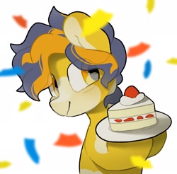 Size: 2315x2276 | Tagged: safe, artist:mochi_nation, oc, oc only, oc:moth, earth pony, pony, cake, cake slice, coat markings, confetti, eye clipping through hair, female, food, high res, hoof hold, mare, simple background, smiling, solo, white background