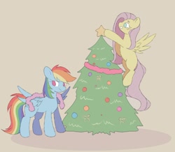 Size: 1470x1279 | Tagged: safe, artist:arllistar, fluttershy, rainbow dash, pegasus, pony, g4, beige background, christmas, christmas tree, duo, female, holiday, looking back, mare, missing cutie mark, no pupils, simple background, smiling, tinsel, tree