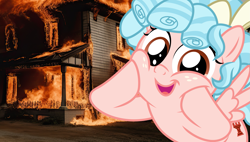 Size: 1919x1088 | Tagged: safe, artist:r4hucksake, artist:sollace, edit, cozy glow, pony, g4, disaster girl, fire, meme, solo