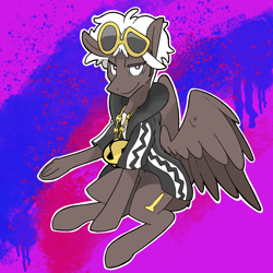 Size: 1000x1000 | Tagged: safe, artist:wax feather, oc, oc only, oc:wax feather, pegasus, abstract background, clothes, cosplay, costume, guzma, jacket, jewelry, necklace, pegasus oc, pokémon, pokémon sun and moon, sitting, team skull