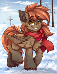 Size: 1200x1544 | Tagged: safe, artist:falafeljake, oc, oc only, oc:winterlight, pegasus, pony, yakutian horse, chest fluff, clothes, ear fluff, eyebrows, eyebrows visible through hair, fluffy, folded wings, looking at you, pegasus oc, race swap, scarf, smiling, smiling at you, snow, solo, unshorn fetlocks, wings, winter