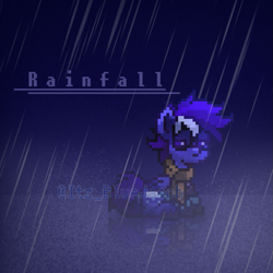 Size: 843x843 | Tagged: safe, edit, oc, oc only, oc:rainfall, pegasus, pony, pony town, blue background, clothes, fog, glasses, glowing, glowing eyes, male, mysterious, rain, reflection, scarf, simple background, sitting, solo, stallion