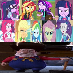 Size: 828x828 | Tagged: safe, edit, edited screencap, editor:questphillips, screencap, applejack, fluttershy, pinkie pie, rainbow dash, rarity, sci-twi, starlight glimmer, sunset shimmer, twilight sparkle, human, equestria girls, g4, angry, applejack is not amused, crossed arms, crossover, disney, disney villains, female, humane five, humane seven, humane six, male, no context, pixar, stinky pete, toy, toy story, toy story 2, twolight, unamused