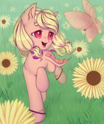 Size: 1772x2119 | Tagged: safe, artist:lony, oc, bat pony, butterfly, pony, flower, solo, sunflower