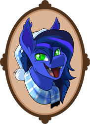 Size: 3015x4139 | Tagged: safe, artist:parrpitched, oc, oc only, oc:guard cobalt flash, bat pony, bust, clothes, commission, freckles, hat, portrait, rubber, scarf, simple background, smiling, solo, striped scarf, transparent background, ych result