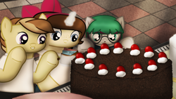 Size: 1920x1080 | Tagged: safe, artist:99999999000, oc, oc only, oc:li anna, oc:mar baolin, oc:zhang cathy, against glass, black forest cake, cake, female, food, glass, money, portal (valve), the cake is a lie, wallet