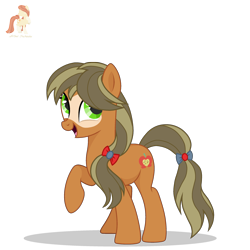 Size: 2500x2500 | Tagged: safe, artist:r4hucksake, oc, oc only, oc:evercrisp pip, earth pony, pony, bow, female, high res, mare, open mouth, ponytail, raised hoof, simple background, smiling, solo, transparent background