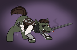 Size: 1228x800 | Tagged: safe, artist:wiggles, oc, earth pony, pony, male, mask, mouth hold, solo, stallion, sword, weapon