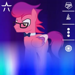 Size: 2560x2560 | Tagged: safe, artist:ramixe dash, ruby jubilee, pegasus, pony, series:make your tale, g4, g5, g5 to g4, generation leap, glasses, high res, logo, male, rubelite jubilee, rule 63, solo, stagelight (g5), stallion