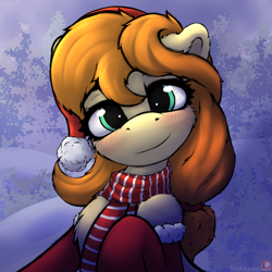 Size: 1920x1920 | Tagged: oc name needed, safe, artist:darbedarmoc, oc, oc only, pegasus, pony, art trade, blushing, christmas, clothes, female, hat, holiday, looking at you, santa hat, scarf, smiling, smiling at you, snow, socks, solo, striped scarf, winter