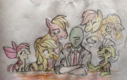 Size: 2048x1284 | Tagged: safe, artist:kabayo, apple bloom, applejack, big macintosh, bright mac, granny smith, pear butter, oc, oc:anon, earth pony, human, pony, g4, colored, female, filly, foal, male, mare, stallion, traditional art