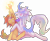 Size: 3490x2893 | Tagged: safe, artist:nmoonly, oc, oc only, oc:akakiy, oc:cyllene, kirin, pony, unicorn, 2024 community collab, derpibooru community collaboration, crescent horn, cupcake, duo, food, full body, high res, horn, kirin oc, leonine tail, simple background, sitting, straight horn, tail, transparent background