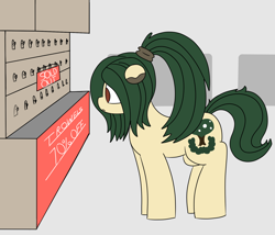 Size: 1750x1500 | Tagged: safe, artist:allhallowsboon, oc, oc only, oc:myrtle remedy, earth pony, pony, colored, disappointed, female, floppy ears, green hair, hair over one eye, hairband, mare, ponytail, red eyes, solo, store, text, yellow coat