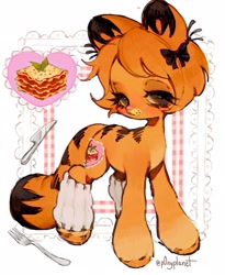 Size: 1681x2048 | Tagged: safe, artist:p0nyplanet, oc, oc only, cat pony, original species, pony, g4, bow, clothes, female, food, fork, garfield, knife, lasagna, leg warmers, mare, orange fur, pasta, ponified, ponysona, simple background, solo, standing, stripes, tail, white background