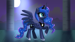 Size: 1920x1080 | Tagged: safe, artist:platinumdrop, princess luna, pony, g4, concave belly, crown, hoof shoes, jewelry, moon, night, peytral, princess shoes, regalia, side view, slender, smiling, solo, thin, walking