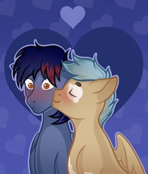 Size: 1333x1562 | Tagged: safe, artist:vatutina, oc, oc only, oc:dawn chaser, oc:onyx, pegasus, pony, blushing, cheek kiss, coat markings, commission, duo, eyes closed, gay, heart, heart background, kissing, male, male oc, oc x oc, pegasus oc, shipping, stallion, stallion oc, two toned mane, wide eyes, wings, ych result