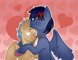 Size: 2560x1968 | Tagged: safe, artist:vatutina, oc, oc only, oc:dawn chaser, oc:onyx, pegasus, pony, coat markings, colored hooves, commission, duo, eyes closed, gay, heart, heart background, hug, male, male oc, oc x oc, outline, pegasus oc, shipping, stallion, stallion oc, two toned mane, unshorn fetlocks, white outline, wings, ych result