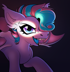 Size: 2900x3000 | Tagged: safe, artist:rtootb, oc, oc only, oc:sweetie swirl, bat pony, bat pony oc, bat wings, big ears, big eyes, blue eyes, blue tongue, commission, cute, dark background, eyelashes, fangs, femboy, gradient eyes, high res, looking at you, looking up, male, open mouth, pink hair, shading, shading practice, simple background, smiling, smiling at you, solo, wings
